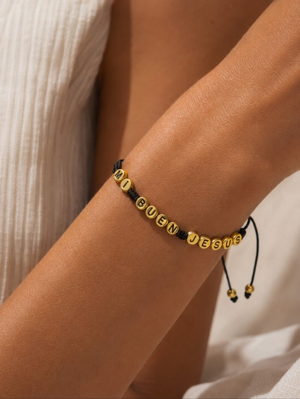 Spanish Mi Buen Jesus Black & Gold Alphabet Beaded Cord Slider Bracelet Jewelry